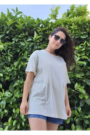 Krem Kısa Kollu Emzirme Tişörtü/Oversize Kalıp