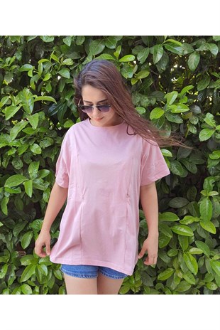 Pembe Kısa Kollu Emzirme Tişörtü/Oversize Kalıp
