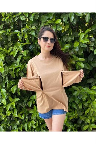Camel Kısa Kollu Emzirme Tişörtü/Oversize Kalıp