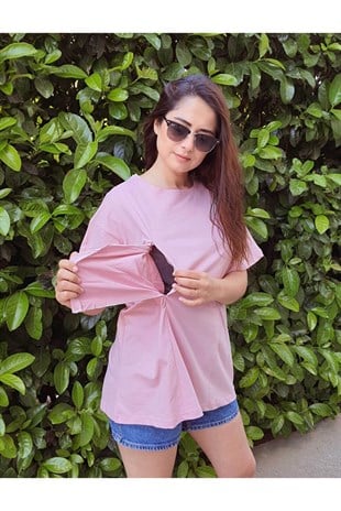Pembe Kısa Kollu Emzirme Tişörtü/Oversize Kalıp