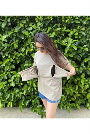 Taş Kısa Kollu Emzirme Tişörtü/Oversize Kalıp