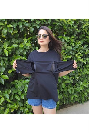Siyah Kısa Kollu Emzirme Tişörtü/Oversize Kalıp