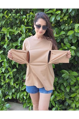 Camel Kısa Kollu Emzirme Tişörtü/Oversize Kalıp