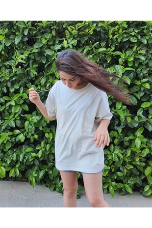 Krem Kısa Kollu Emzirme Tişörtü/Oversize Kalıp
