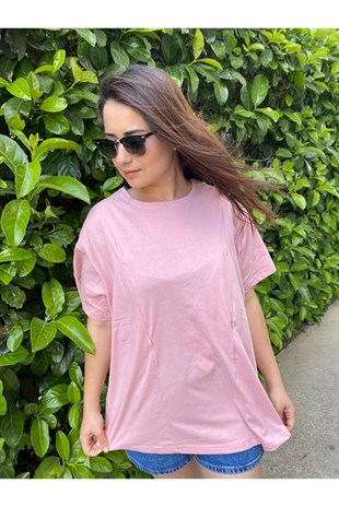 Pembe Kısa Kollu Emzirme Tişörtü/Oversize Kalıp