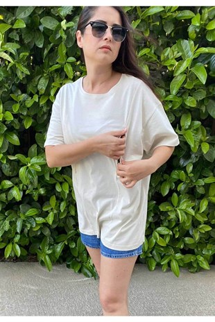 Krem Kısa Kollu Emzirme Tişörtü/Oversize Kalıp