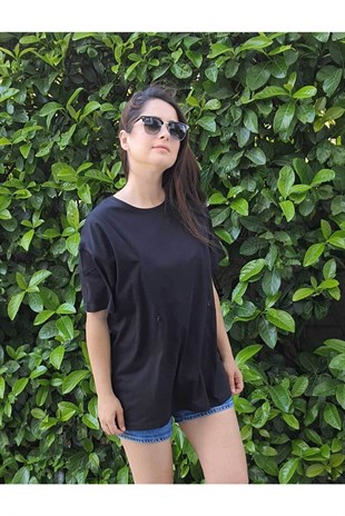 Siyah Kısa Kollu Emzirme Tişörtü/Oversize Kalıp