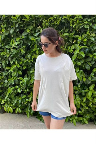 Krem Kısa Kollu Emzirme Tişörtü/Oversize Kalıp