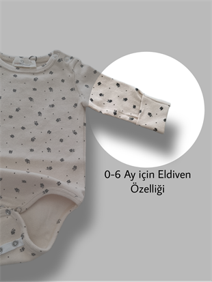 Bebekle Büyüyen Esnek Uzun Kollu Çiçekli Bej Bebek Zıbın - Çıtçıtlı Body