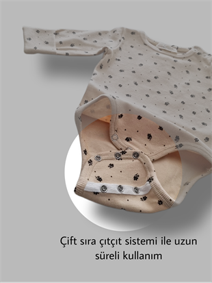 Bebekle Büyüyen Esnek Uzun Kollu Çiçekli Bej Bebek Zıbın - Çıtçıtlı Body