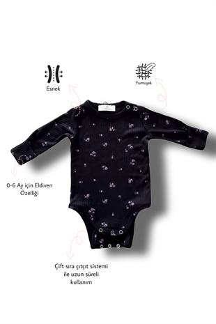 Bebekle Büyüyen Esnek Uzun Kollu Çiçekli Siyah Bebek Zıbın - Çıtçıtlı Body