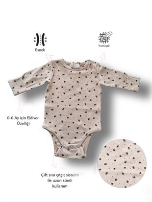 Bebekle Büyüyen Esnek Uzun Kollu Çiçekli Bej Bebek Zıbın - Çıtçıtlı Body