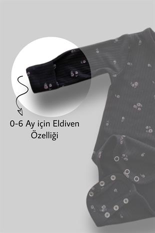 Bebekle Büyüyen Esnek Uzun Kollu Çiçekli Siyah Bebek Zıbın - Çıtçıtlı Body
