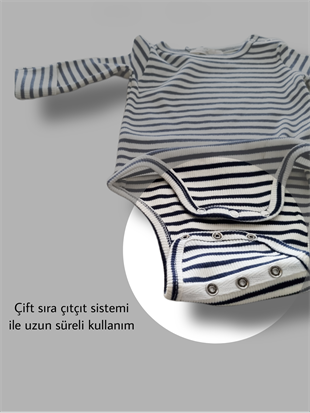 Bebekle Büyüyen Esnek Uzun Kollu Lacivert Beyaz Çizgili Bebek Zıbın - Çıtçıtlı Body