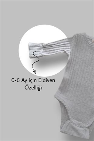 Bebekle Büyüyen Esnek Uzun Kollu Melanj Gri Bebek Zıbın - Çıtçıtlı Body