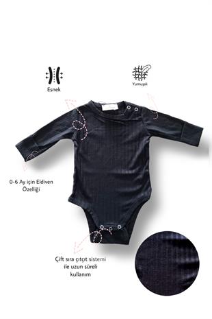 Bebekle Büyüyen Esnek Uzun Kollu Siyah Bebek Zıbın - Çıtçıtlı Body