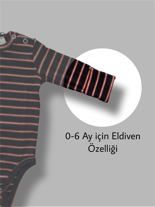 Bebekle Büyüyen Esnek Uzun Kollu Siyah-Turuncu Çizgili Bebek Zıbın - Çıtçıtlı Body