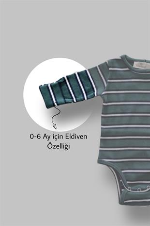 Bebekle Büyüyen Esnek Uzun Kollu Yeşil Çizgili Bebek Zıbın - Çıtçıtlı Body