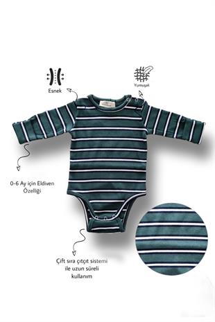 Bebekle Büyüyen Esnek Uzun Kollu Yeşil Çizgili Bebek Zıbın - Çıtçıtlı Body