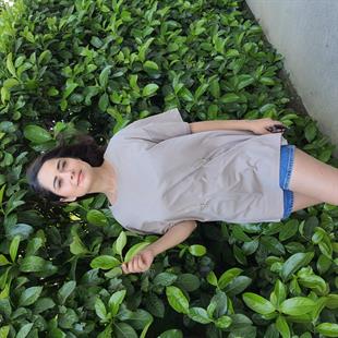 Bej Kısa Kollu Emzirme Tişörtü/Oversize Kalıp