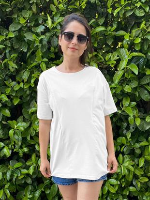 Beyaz Kısa Kollu Emzirme Tişörtü/Oversize Kalıp