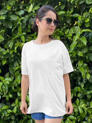 Beyaz Kısa Kollu Emzirme Tişörtü/Oversize Kalıp