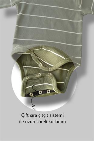 Haki Bebekle Büyüyen Esnek Uzun Kollu Bebek Zıbın - Çıtçıtlı Body
