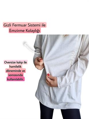 Melanj Uzun Kollu Emzirme Tişörtü Oversize Kalıp
