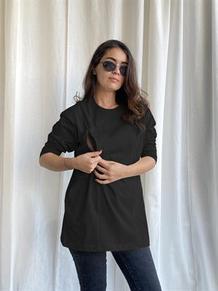 Siyah Uzun Kollu Emzirme Tişörtü/Oversize Kalıp