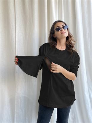 Siyah Uzun Kollu Emzirme Tişörtü/Oversize Kalıp