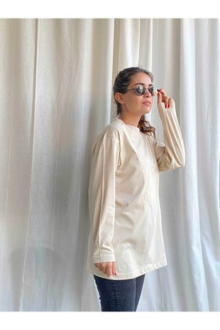 Krem Uzun Kollu Emzirme Tişörtü/Oversize Kalıp