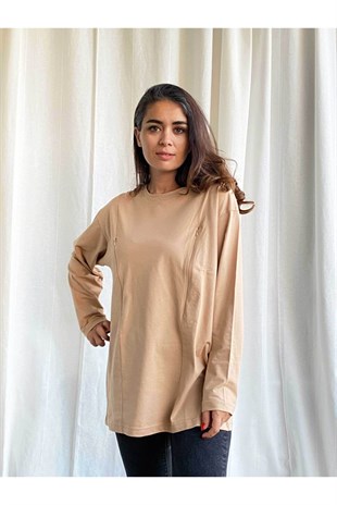 Camel Uzun Kollu Emzirme Tişörtü/Oversize Kalıp