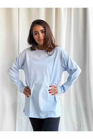 Mavi Uzun Kollu Emzirme Tişörtü/Oversize Kalıp