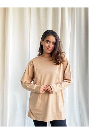 Camel Uzun Kollu Emzirme Tişörtü/Oversize Kalıp