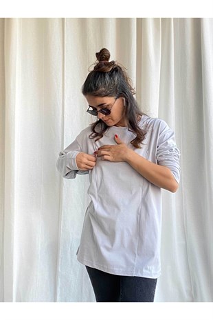 Gri Uzun Kollu Emzirme Tişörtü/Oversize Kalıp