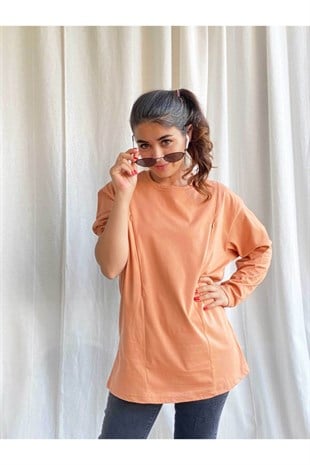 Somon Uzun Kollu Emzirme Tişörtü/Oversize Kalıp