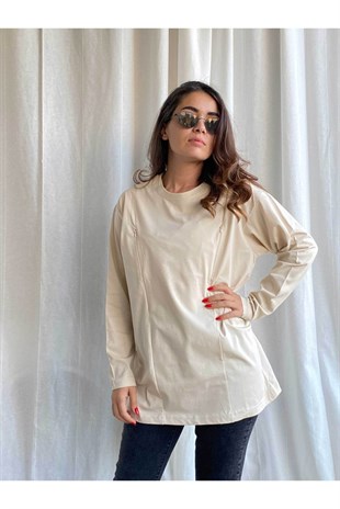Krem Uzun Kollu Emzirme Tişörtü/Oversize Kalıp