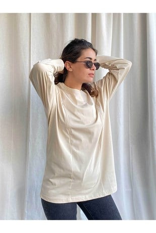 Krem Uzun Kollu Emzirme Tişörtü/Oversize Kalıp