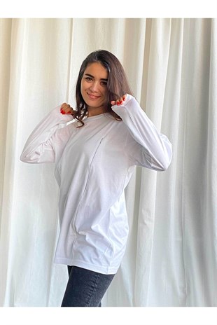 Beyaz Uzun Kollu Emzirme Tişörtü/Oversize Kalıp