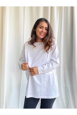 Beyaz Uzun Kollu Emzirme Tişörtü/Oversize Kalıp