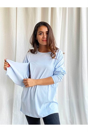 Mavi Uzun Kollu Emzirme Tişörtü/Oversize Kalıp