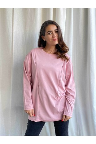 Pembe Uzun Kollu Emzirme Tişörtü/Oversize Kalıp