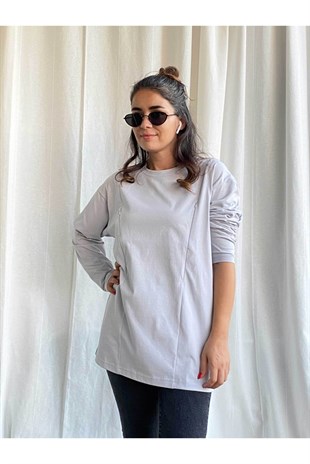 Gri Uzun Kollu Emzirme Tişörtü/Oversize Kalıp