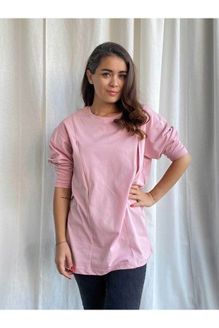 Pembe Uzun Kollu Emzirme Tişörtü/Oversize Kalıp