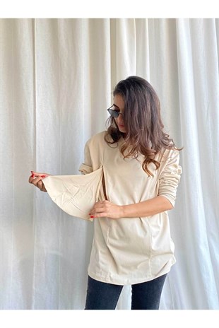 Krem Uzun Kollu Emzirme Tişörtü/Oversize Kalıp