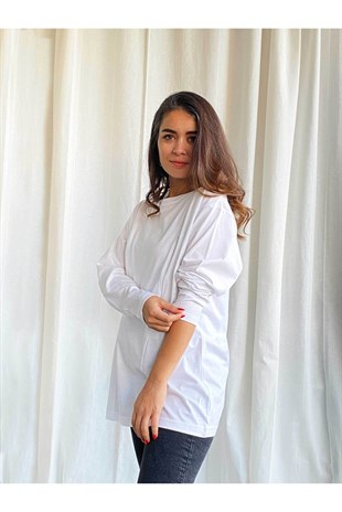 Beyaz Uzun Kollu Emzirme Tişörtü/Oversize Kalıp