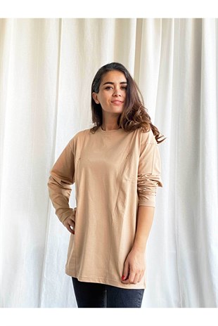 Camel Uzun Kollu Emzirme Tişörtü/Oversize Kalıp