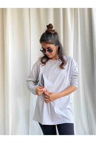 Gri Uzun Kollu Emzirme Tişörtü/Oversize Kalıp