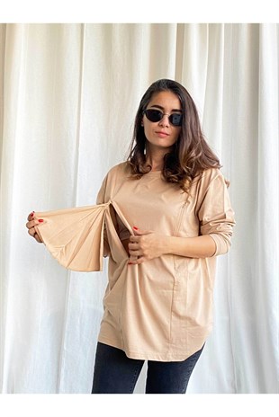 Camel Uzun Kollu Emzirme Tişörtü/Oversize Kalıp