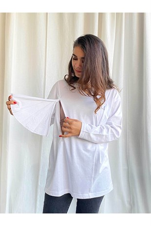 Beyaz Uzun Kollu Emzirme Tişörtü/Oversize Kalıp